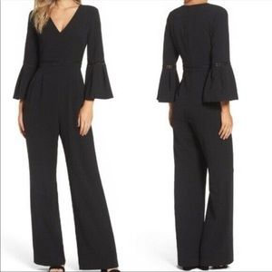 Eliza J Wide Leg Jumpsuit 3/4 Bell Sleeve V Neck Eyelet Black Size 2 Petite NWT